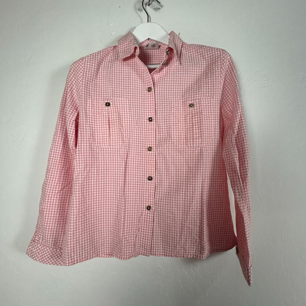 Country Line Women Pink White Gingham Button-Up Long Sleeve Shirt Size 38 Casual